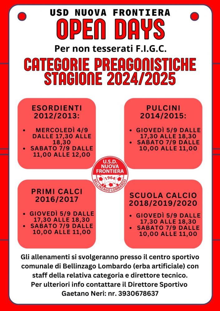 OPEN DAYS PER NON TESSERATI F.I.G.C. STAGIONE 2024/2025 U.S.D. NUOVA FRONTIERA