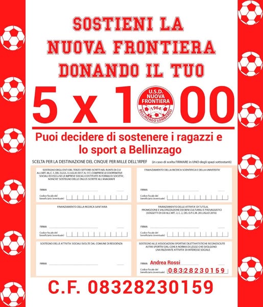 Anche quest’anno potete liberamente donare il vostro 5×1000 alla nostra Società. Un gesto volontario ed anonimo per chi ha a cuore lo sport del nostro paese e dei nostri ragazzi. Grazie a tutti voi!❤️🤍❤️🤍❤️🤍